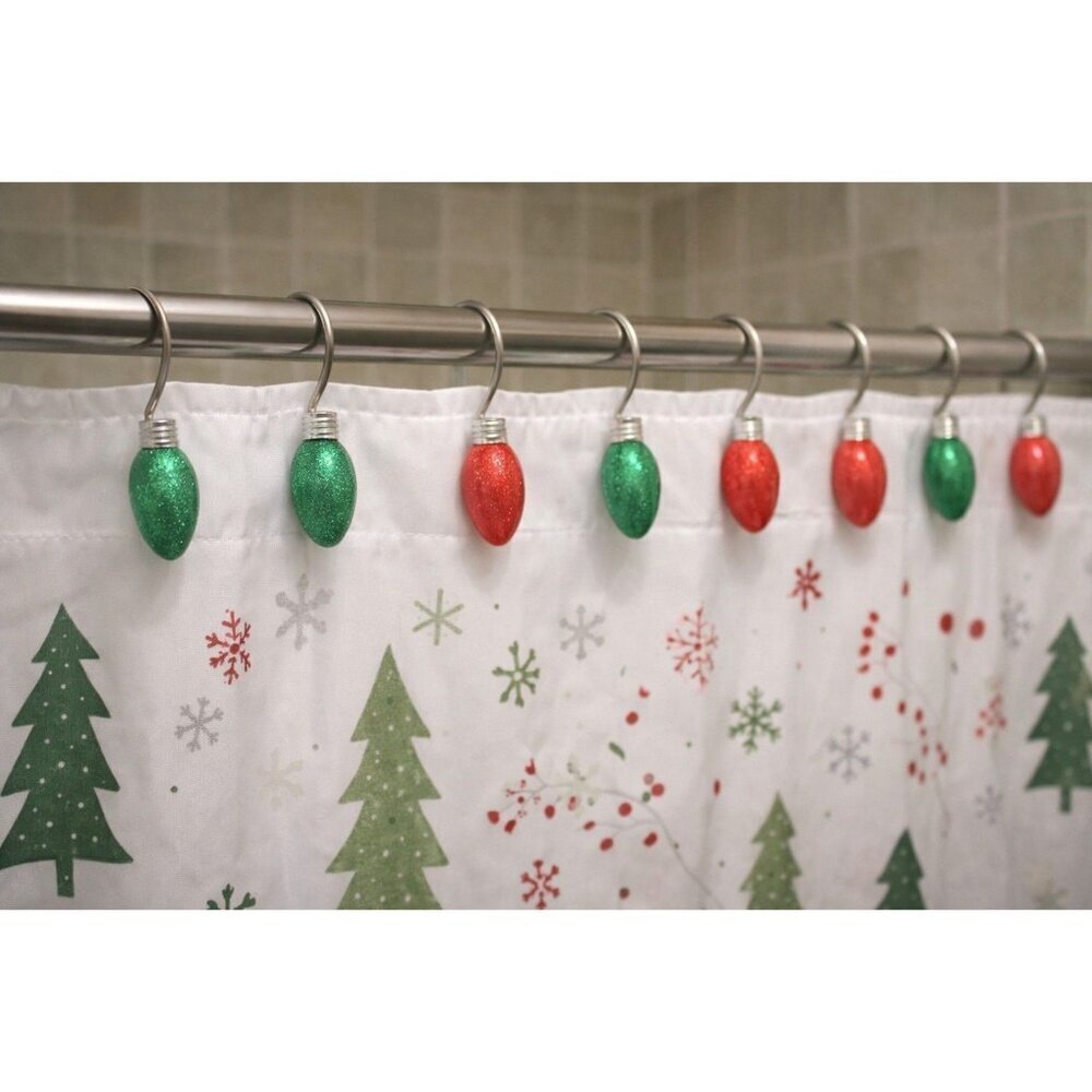 New Christmas Holiday Red / Green Lights Bathroom Shower Curtain Hooks
